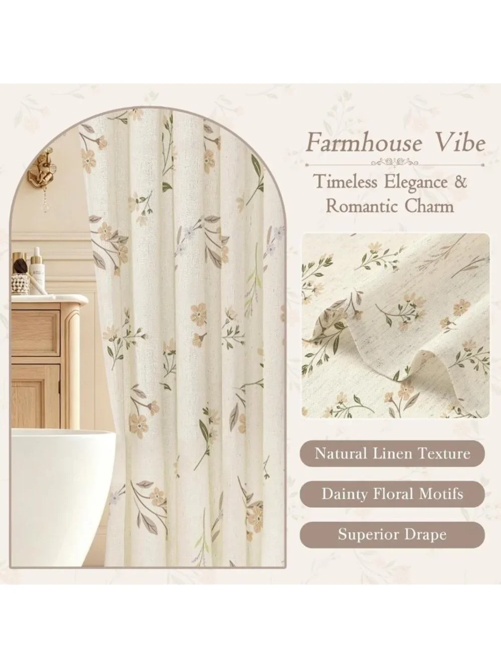 Beige Floral Linen Blend Shower Curtain - Farmhouse Style Bathroom Decor 72x72